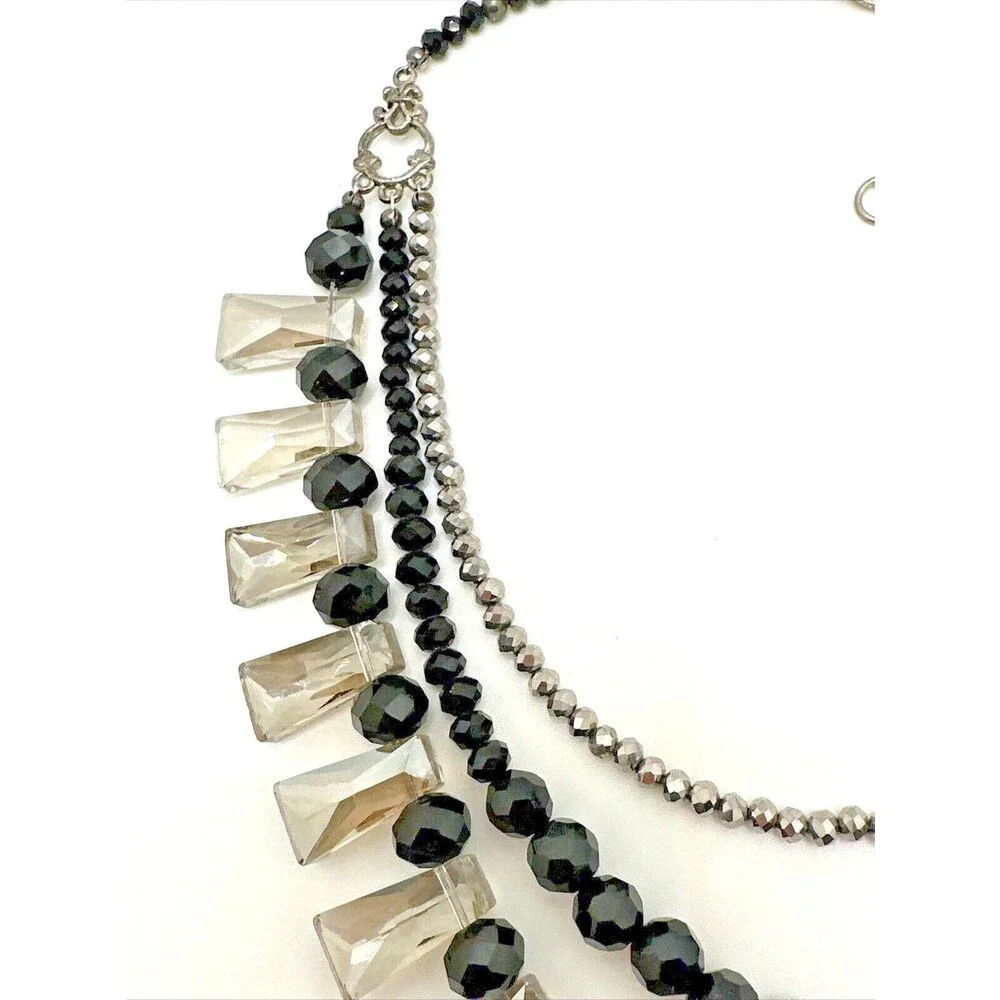 Vintage Crystal Collar Necklace Black Smoky Bead Multi Strand Statement 18